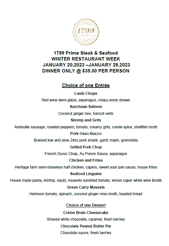 2023restaurantweekmenu 1799 Prime Steak & Seafood